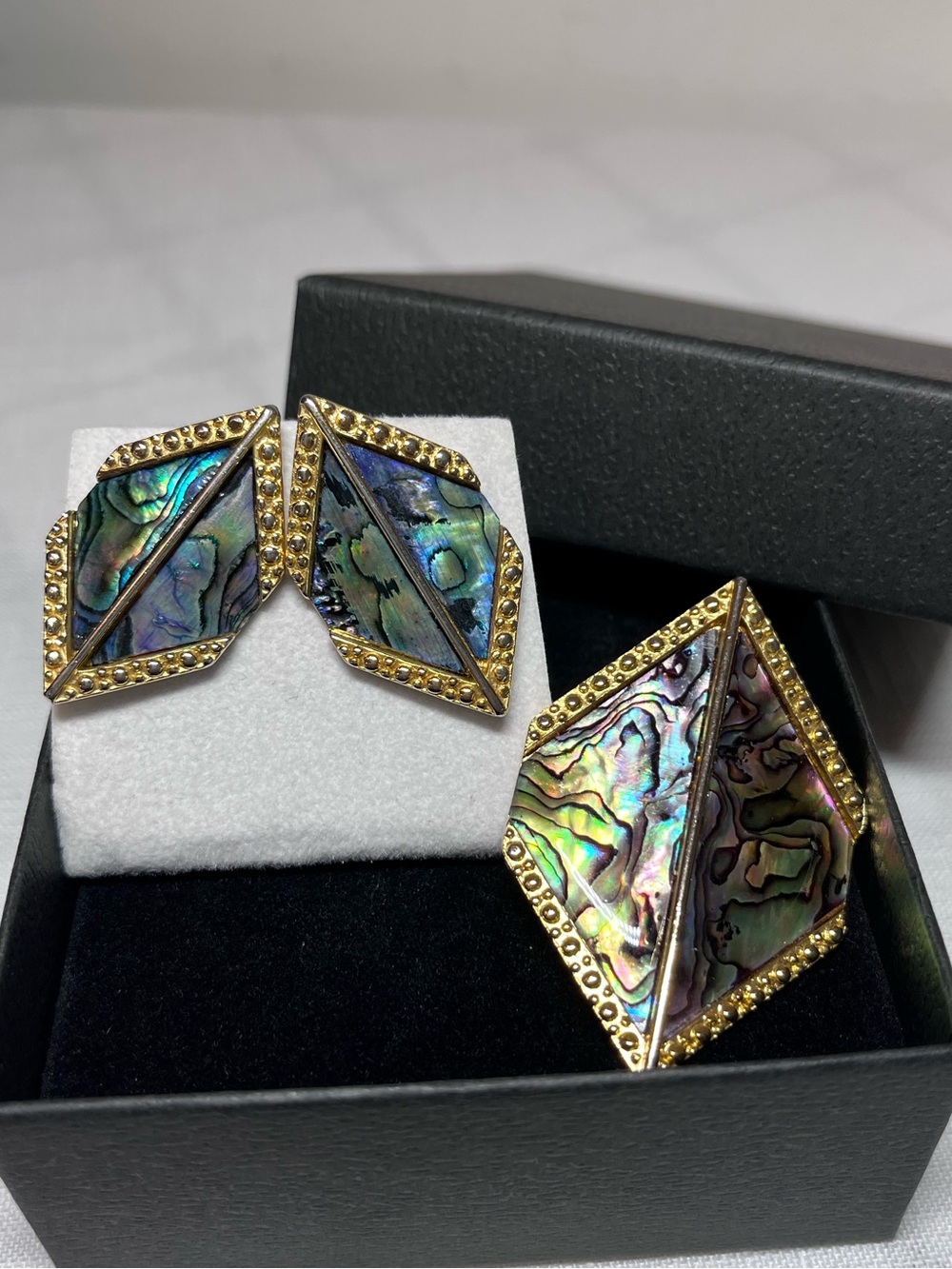 Vintage Abalone Geometric Pierced Earrings and Brooch Set - Green Blue Gold